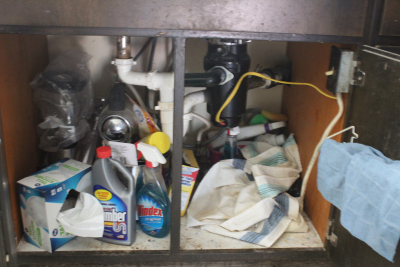 Image of the plumbing under a kitchen sink.