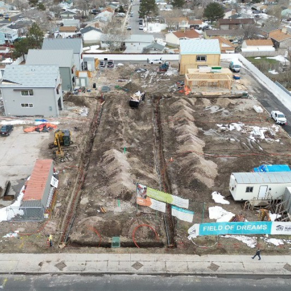 image of aerial view of a dirt lot